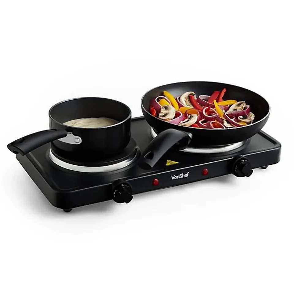 BOXED VONSHEF HOT PLATE DOUBLE, PORTABLE ELECTRIC HOB WITH DUAL TEMPERATURE CONTROLS, 2500W, 2 RING TABLE TOP STOVE FOR COOKING, BLACK