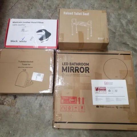 PALLET CONTAINING ASSORTED PRODUCTS INCLUDING MANICURE LEATHER HAND PILLOW, RAISED TOILET SEAT, LED BATHROOM MIRROR & LED CEILING FAN