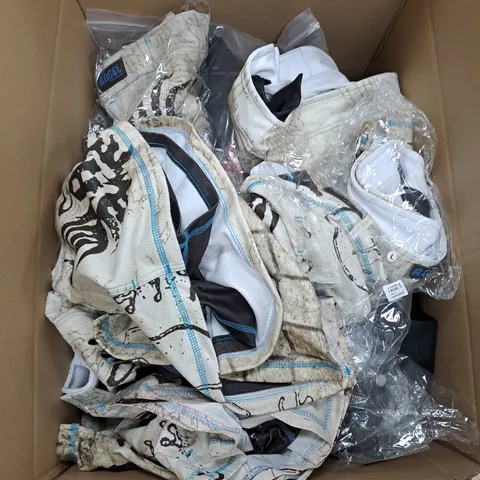 LARGE BOX OF ASSORTED MMA ITEMS TO INCLUDE SHORTS, GI'S AND SHIN GUARDS