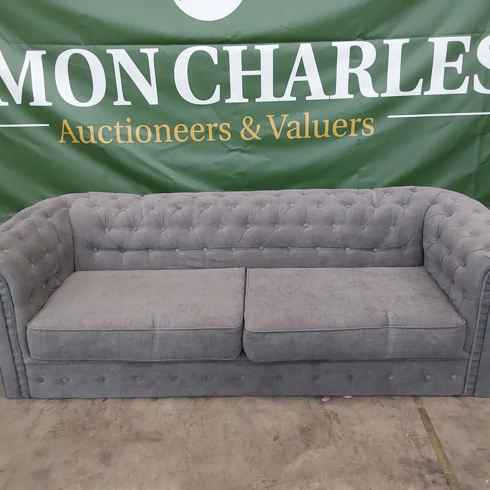 DESIGNER THREE SEATER CHESTERFIELD SOFA GREY PLUSH FABRIC 
