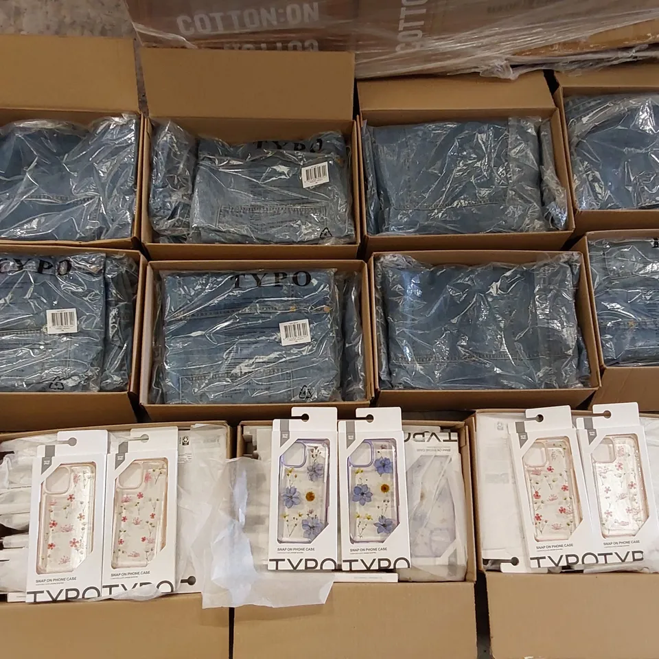 PALLET OF ASSORTED CONSUMER AND HOUSEHOLD PRODUCTS TO INCLUDE; TYPO DENIM JEAN SHORTS, TYPO PHONE CASES ECT.