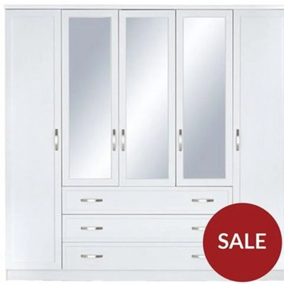 DESIGNER BOXED CAMBERLEY WHITE 5 DOOR 3 DRAWER MIRRORED WARDROBE (3 BOXES)