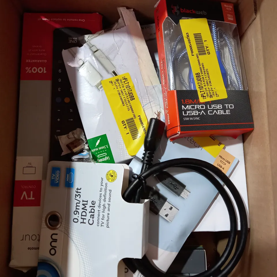 LOT OF APPROX. 10 X ITEMS TO INCLUDE ONE FOR ALL HD COMPATIBLE INDOOR AERIAL, ONN DIGITAL RADIO, BLACKWEB MICRO USB TO USB-A CABLE, ETC.