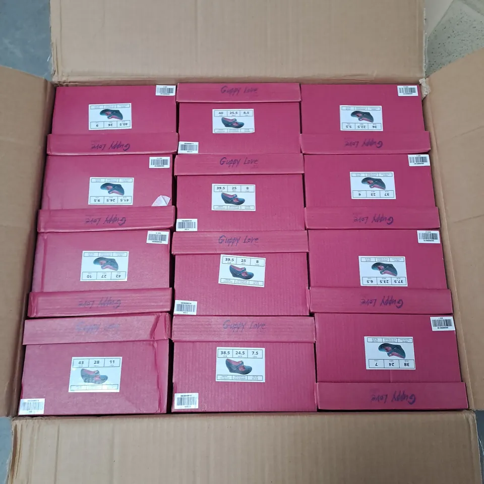BOXED LOT OF 12 PAIRS OF GUPPY LOVE LADIES WEDGE HEEL SHOES. VARIOUS SIZES