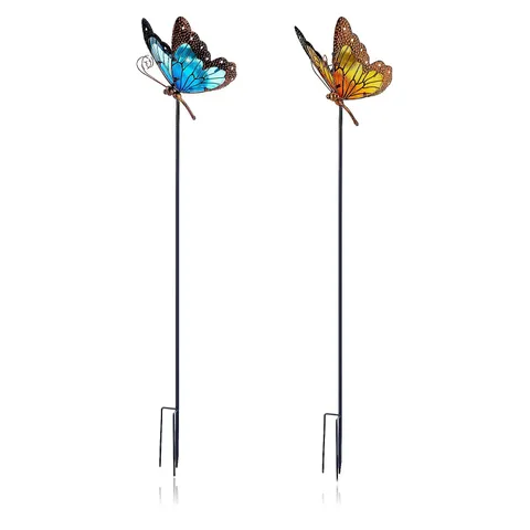 GARDEN REFLECTIONS SET OF 2 GLASS BUTTERFLY SOLAR STAKE LIGHTS