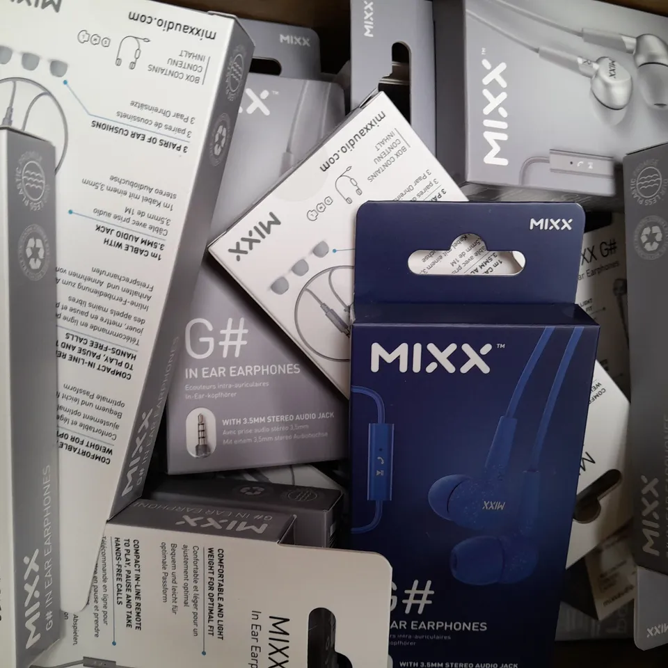 BOX OF APPROXIMATELY 20 ASSORTED MIXX G# IN EAR HEADPHONES IN SILVER AND BLUE