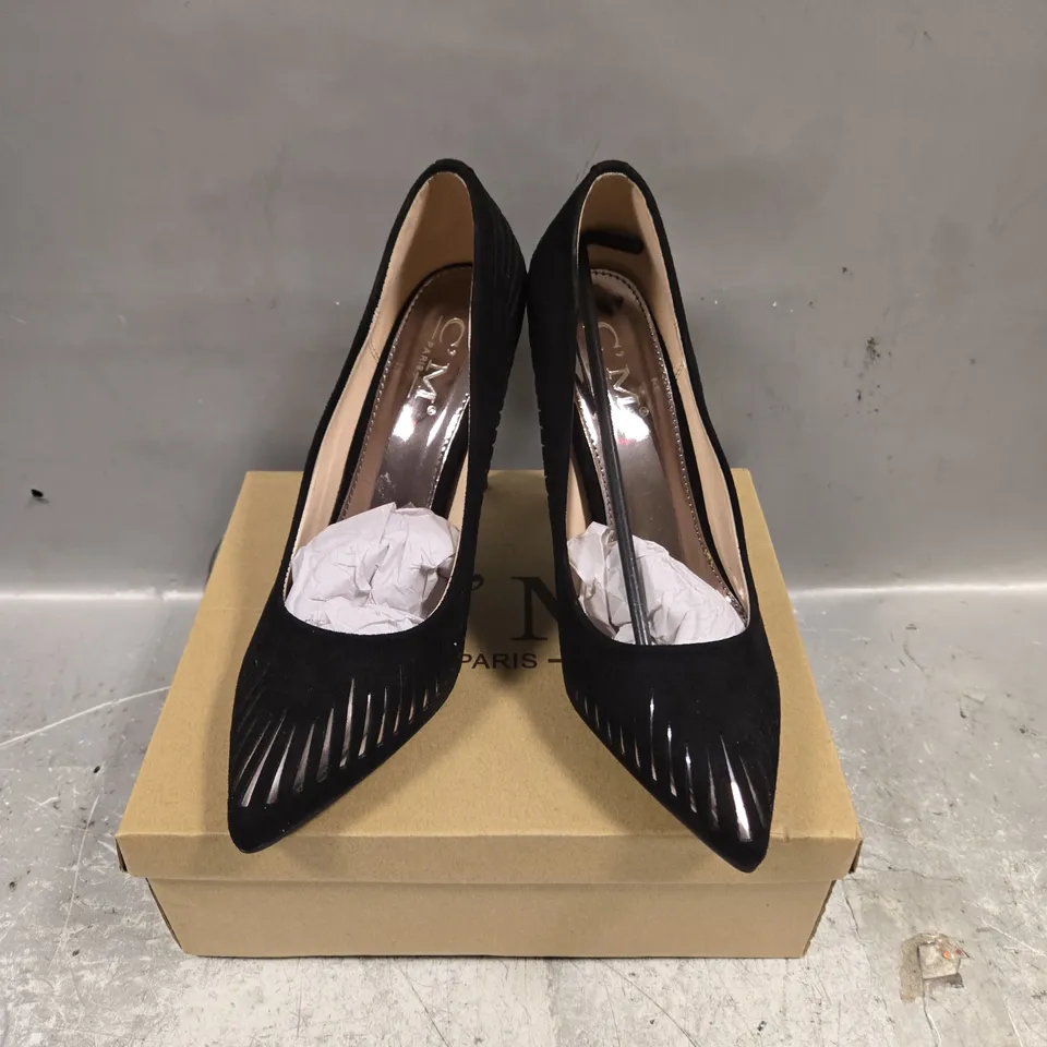 BOXED PAIR OF C'M PARIS BLACK & SILVER STILETTO'S - 6