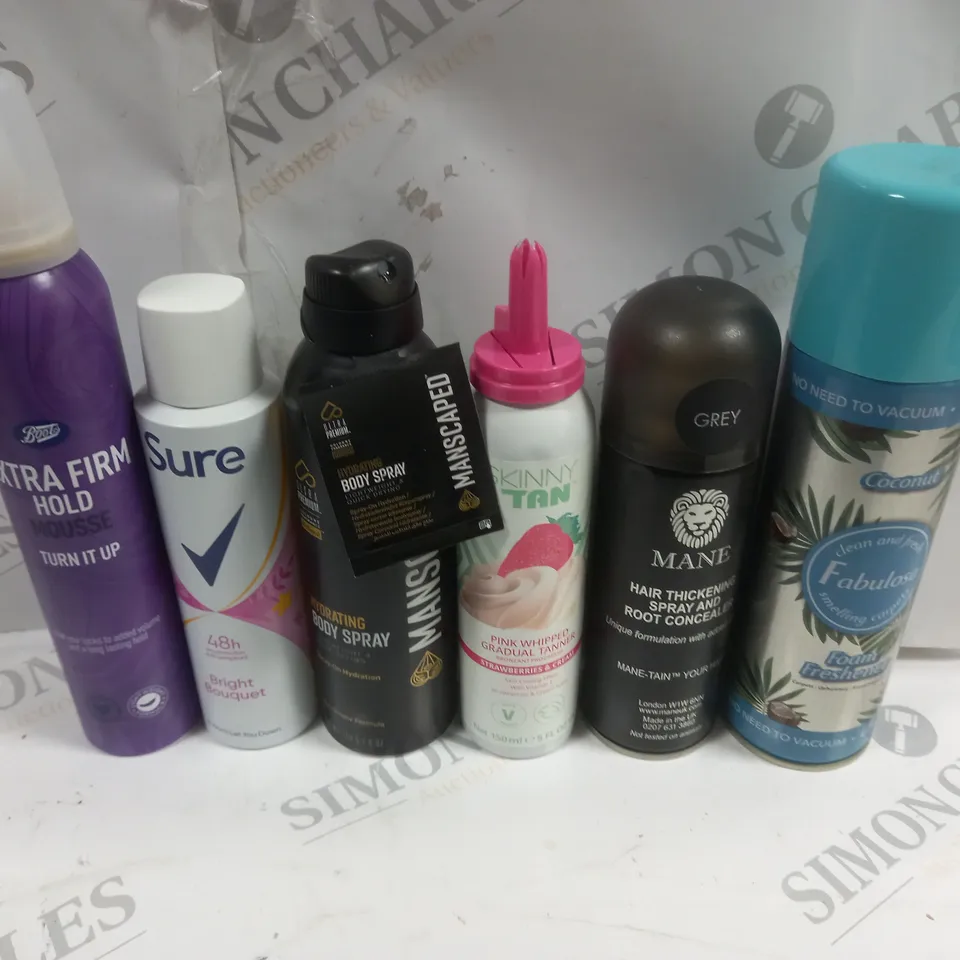 BOX OF APPROX 15 ASSORTED AEROSOLS TO INCLUDE MANSCAPED BODY SPRAY, FOAM FRESHENER, MANE HAIR THICKENER ETC - COLLECTION ONLY 