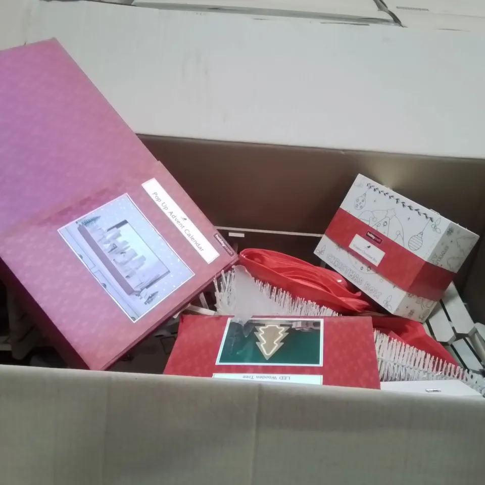 PALLET CONTAINING A LARGE QUANTITY OF ASSORTED CHRISTMAS DECORATIONS AND PRODUCTS TO INCLUDE;WOODEN CHRISTMAS BOX,MINI CROSS STITCH,LED WOODEN TREE