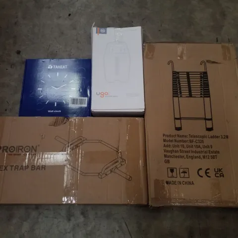 PALLET CONTAINING ASSORTED PRODUCTS INCLUDING HEX TRAP BAR, TELESCOPIC LADDER 3.2M, WALL CLOCK & UGO STAND WITH DIGNITY COVER