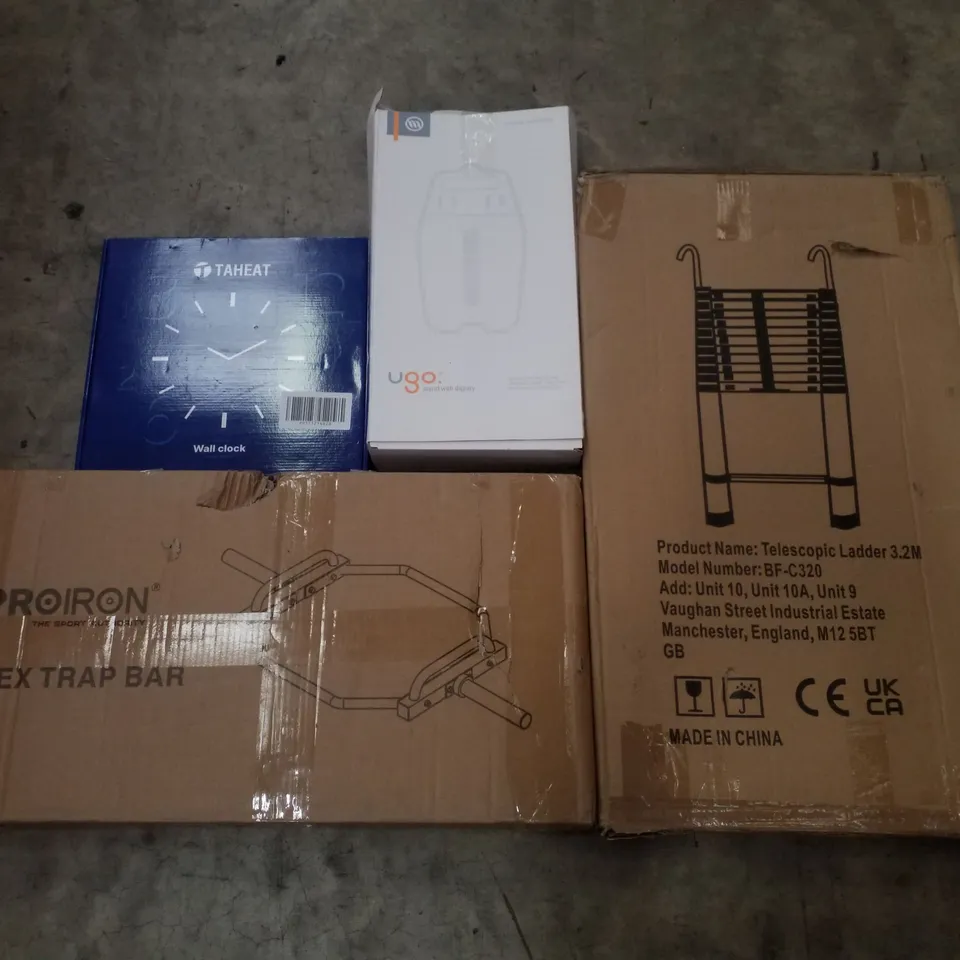 PALLET CONTAINING ASSORTED PRODUCTS INCLUDING HEX TRAP BAR, TELESCOPIC LADDER 3.2M, WALL CLOCK & UGO STAND WITH DIGNITY COVER