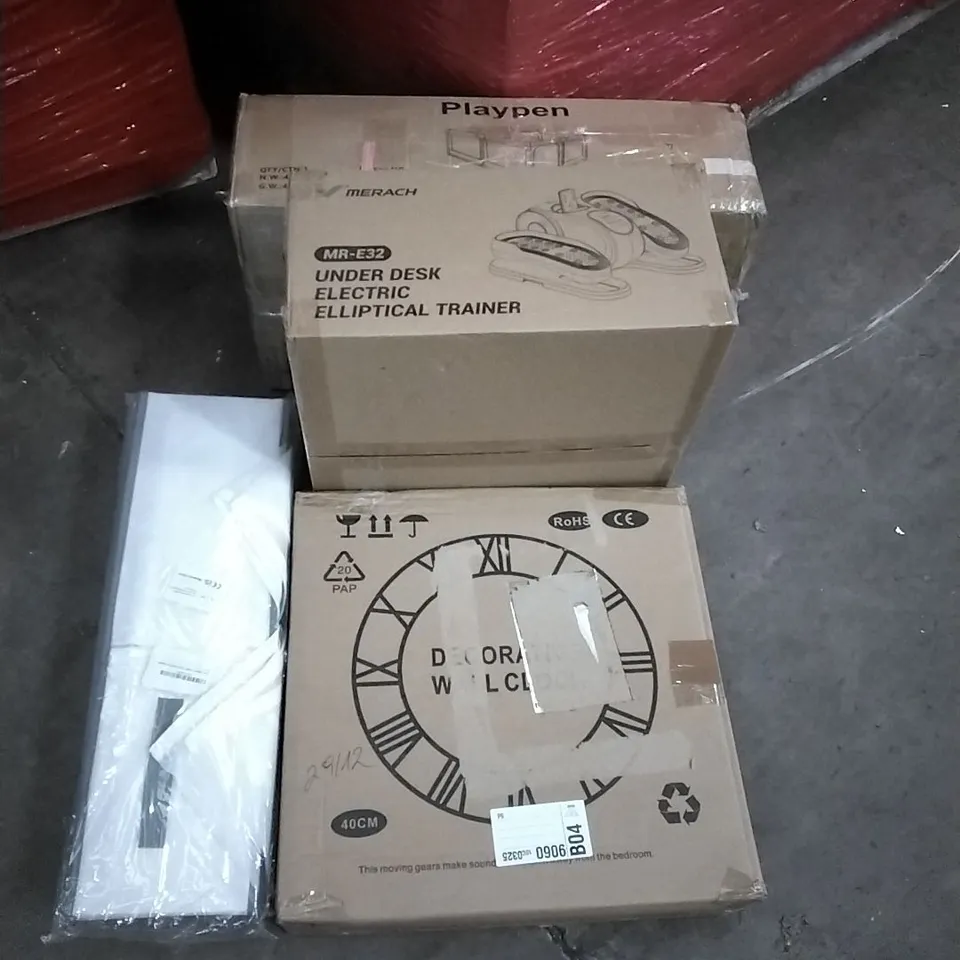 PALLET OF HOUSEHOLD ITEMS TO INCLUDE DRAWERS ORGANISER'S, WALL CLOCK, UNDER DESK ELECTRIC ELLIPTICAL TRAINER, PLAYPEN AND OTHER ASSORTED ITEMS...