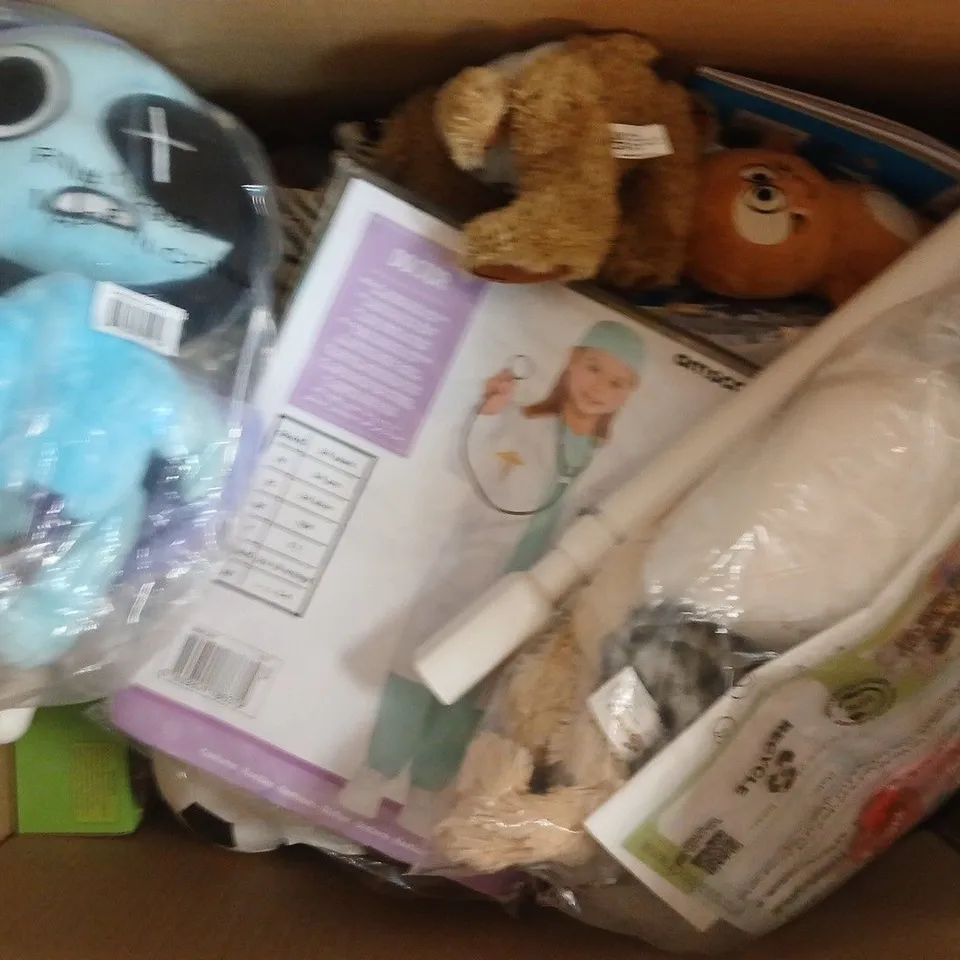 BOX OF APPROXIMATELY 20 ASSORTED TOYS AND GAMES TO INCLUDE TEDDY BEAR, TENNIS BALLS, ETC - COLLECTION ONLY