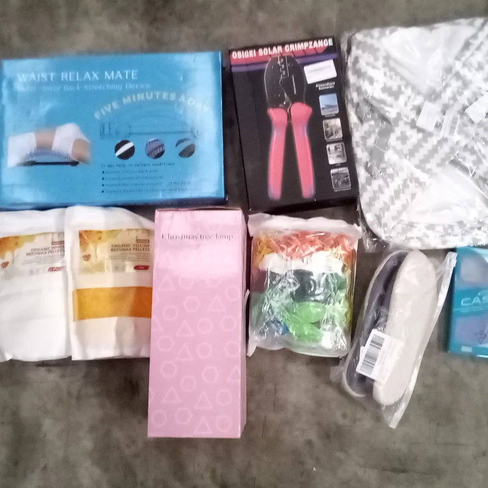 PALLET OF 6 BOXES CONTAINING ASSORTED ITEMS INCLUDING BEESWAX PELLETS, WAIST RELAX MATE, CHRISTMAS TREE LAMP, PHONE CASE, BALLOON SET, SOLAR CRIMPING TOOL 