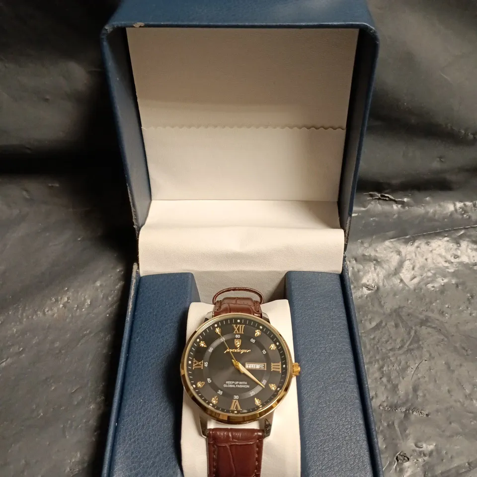 HENRY'S WATCHES - MEN'S WRISTWATCH WITH BROWN LEATHER STRAP – BLACK DIAL