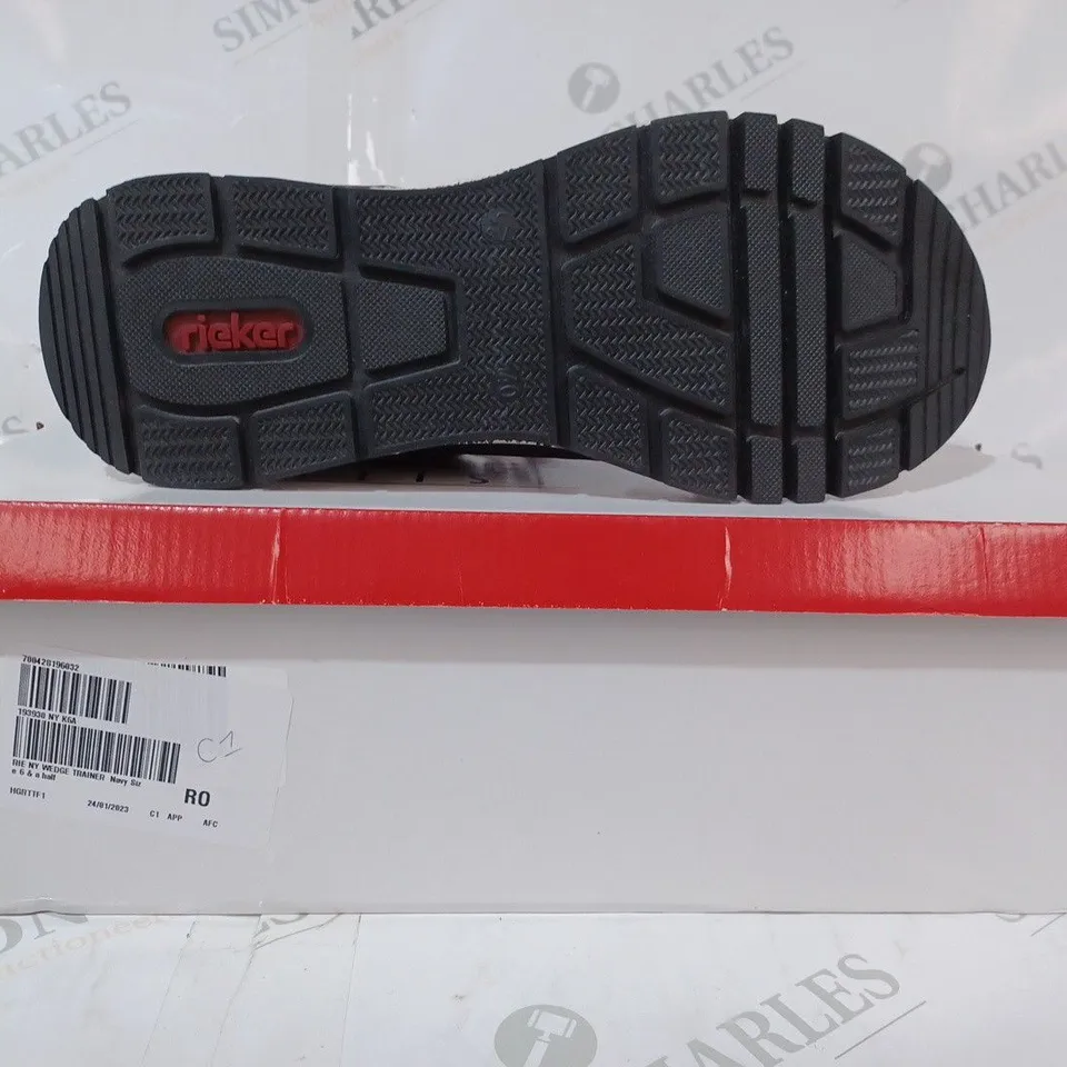 BOXED PAIR OF RIEKER ANTISTRESS WEDGE TRAINERS IN NAVY SIZE 6.5