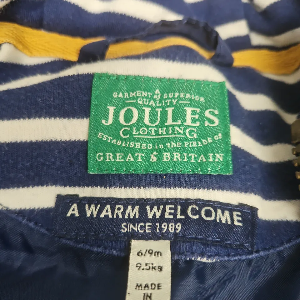 JOULES KIDS NAVY PADDED JACKET WITH GREEN HOOD – UK 6-9M, STRIPED LINING