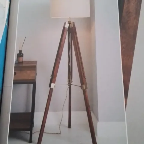 BOXED WOODEN TRIPOD FLOOR LAMP DARK WOOD BASE WITH SATIN BRASS 