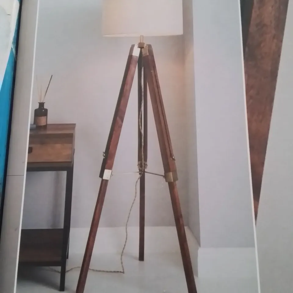 BOXED WOODEN TRIPOD FLOOR LAMP DARK WOOD BASE WITH SATIN BRASS