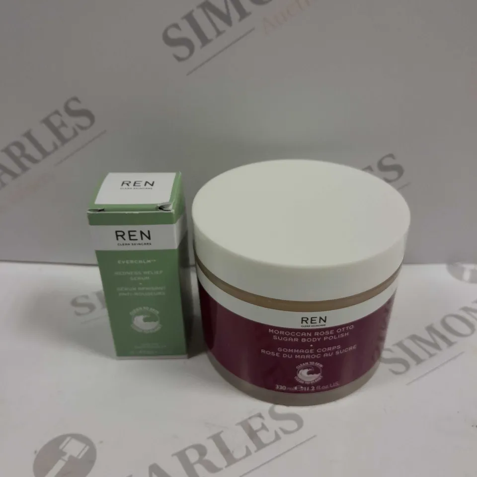 REN CLEAN SKINCARE EVERCALM REDNESS RELIEF SERUM, AND MOROCCAN ROSE OTTO SUGAR BODY POLISH 