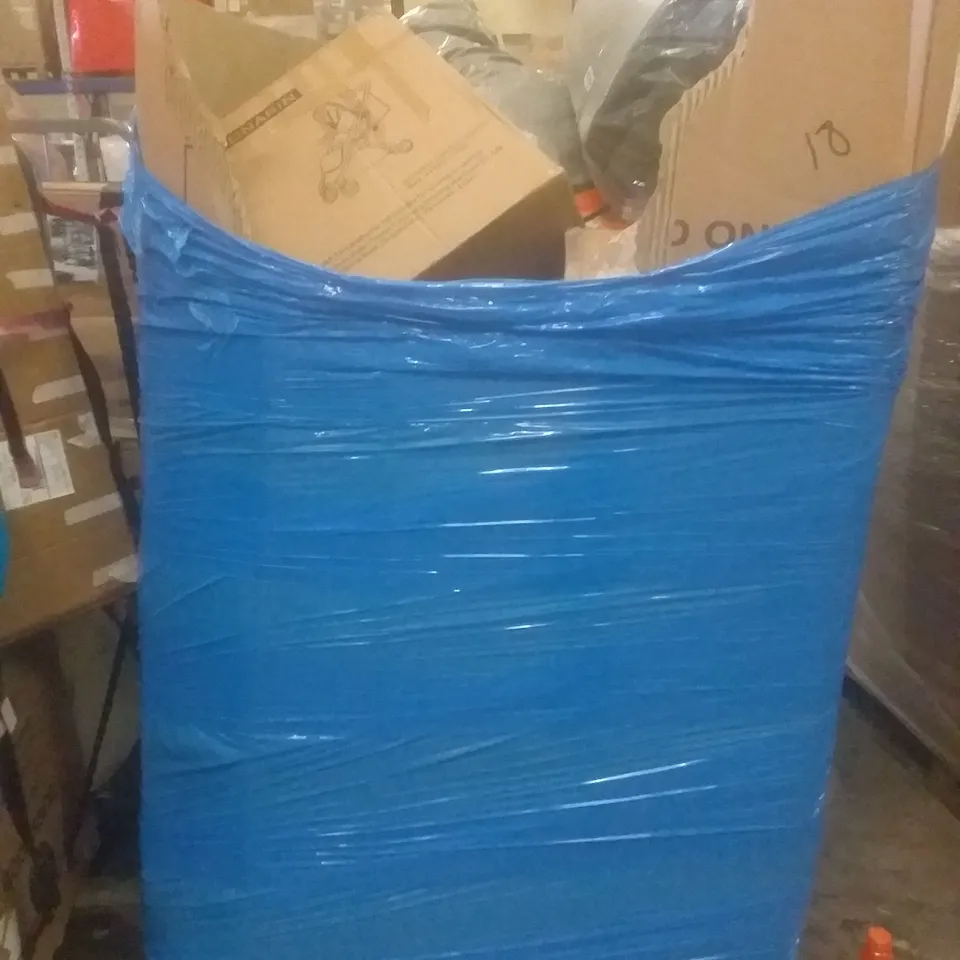 PALLET OF ASSORTED ITEMS INCLUDING DOG BED, WALL CLOCK, TIME SCOOTER, BOOSTER SEAT, BABY STROLLER