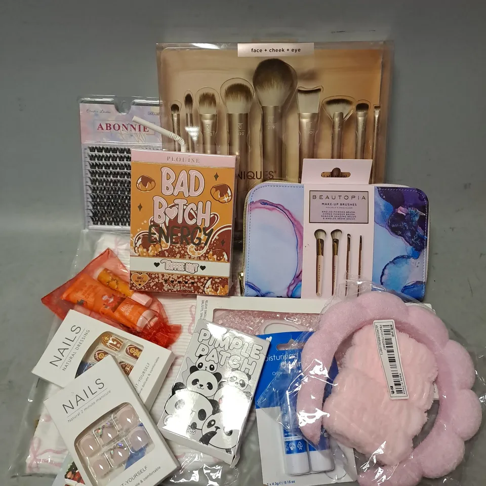 APPROXIMATELY 15 ASSORTED COSMETIC PRODUCTS INCLUDE - BEAUTOPIA MAKEUP BRUSH SET - PLOUISE BAD BITCH ENERGY LIP CARE DUO IN TOFFEE NUT - PANDA PIMPLE PATCHES - ETC