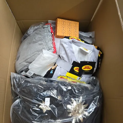 LARGE BOX OF ASSORTED CLOTHING ITEMS IN VARIOUS SIZES, STYLES AND COLOUR 