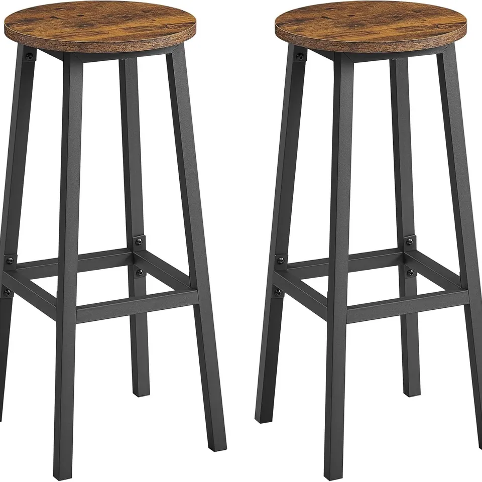 BOXED VASAGLE BAR STOOLS SET OF 2, KITCHEN STOOLS, BAR CHAIRS WITH METAL FRAME AND FOOTREST, EASY TO ASSEMBLE, 74 CM HIGH, FOR KITCHEN, LIVING ROOM, DINING ROOM, RUSTIC BROWN AND BLACK LBC132K01