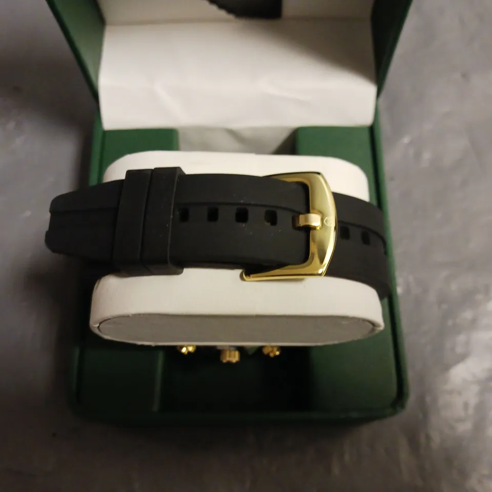 FRANK SCHMIDT BLACK & GOLD DIAL GENTS WATCH WITH STAINLESS STEEL BACKCASE AND BLACK RUBBER STRAP IN BOX