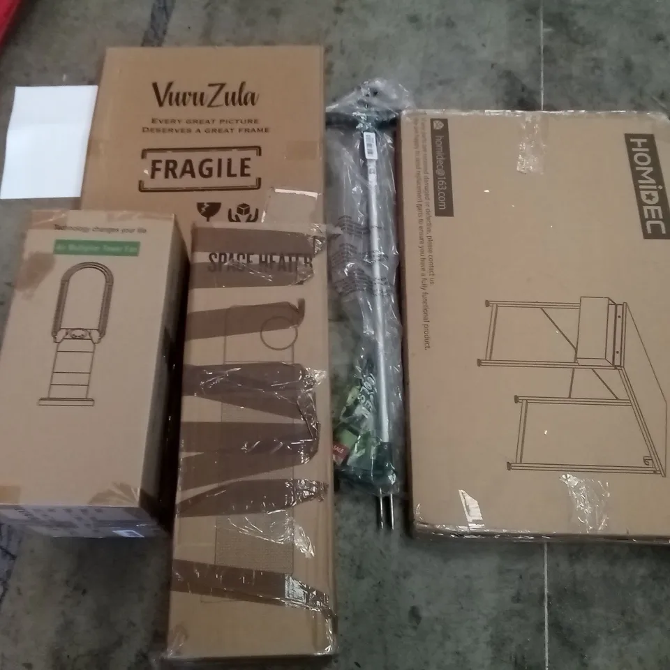 PALLET OF ASSORTED ITEMS INCLUDING HOMIDEC DESK, SPACE HEATER, AIR MULTIPLIER TOWER FAN, GARDEN WEED PICKER, PICTURE FRAME