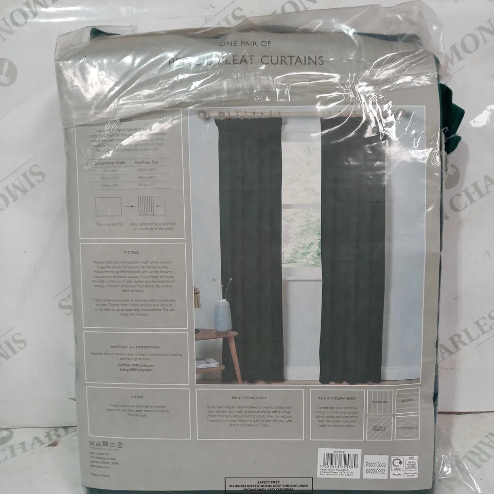 JOHN LEWIS PAIR OF PENCIL PLEAT CURTAINS VELVET EMERALD GREEN
