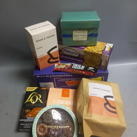 TOTE OF APPROX 12 ASSORTED FOOD ITEMS TO INCLUDE - FORTNUM&MASON ROYAL BLEND TEA BAGS - GOOD&PROPER BLACK TEA - WISPA CHOCOLATE BARS X48 ETC