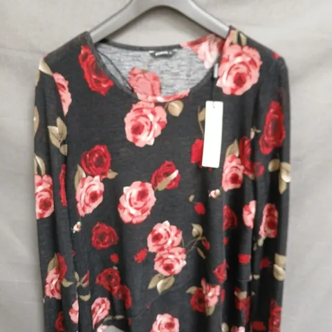 ROMAN FLORAL PRINT TOP β BLACK MARL WITH PINK & RED ROSES, UK SIZE 14