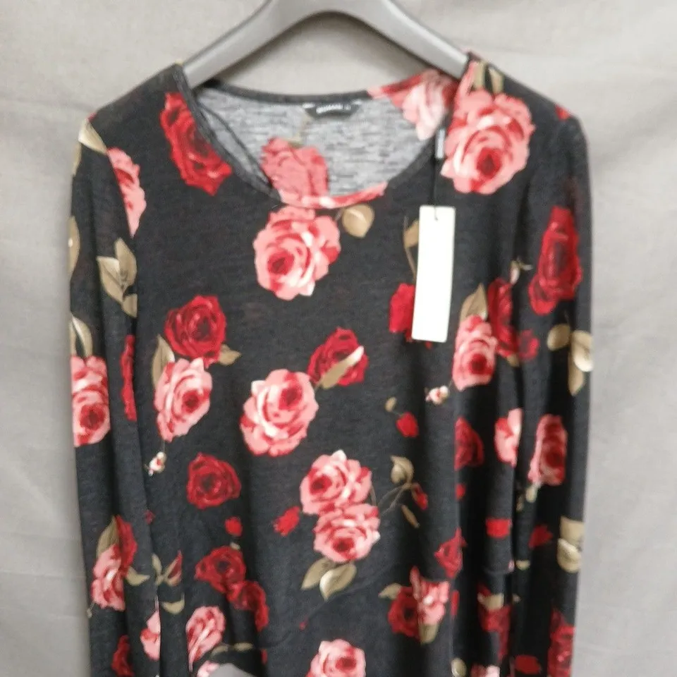 ROMAN FLORAL PRINT TOP – BLACK MARL WITH PINK & RED ROSES, UK SIZE 14