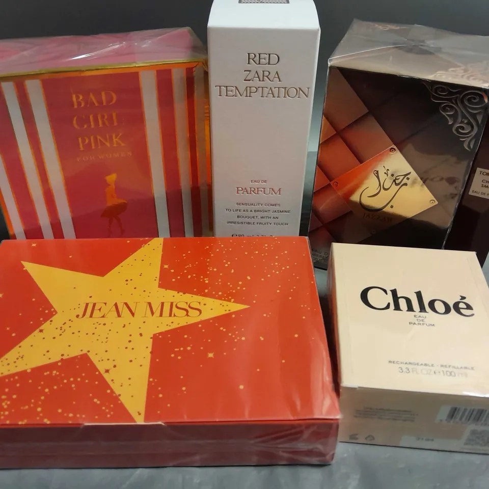 BOX OF APPROXIMATELY 6 ASSORTED BOXED FRAGRANCES TO INCLUDE - BAD GIRL PINK - CHLOE EAU DE PARFUM - RED ZARA TEMPTATION - ETC