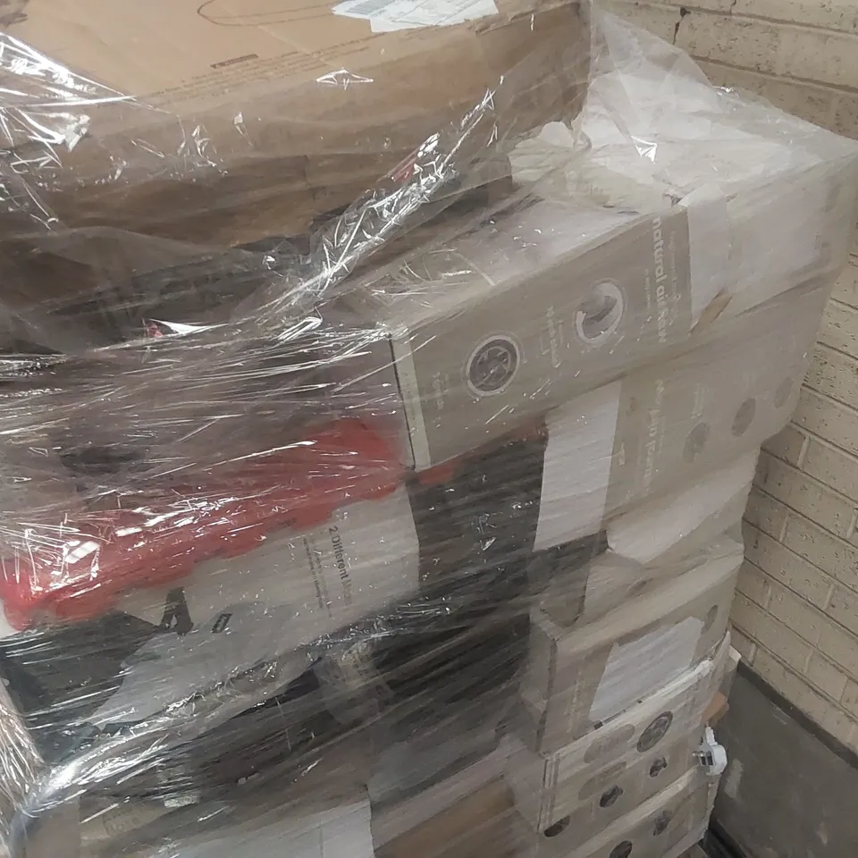 PALLET CONTAINING A LARGE QUANTITY OF ASSORTED HOUSEHOLD GOODS WHICH INCLUDE; PARASOL BASES, SUITCASES, FANS, MILK FROTHERS, HOOVERS ETC