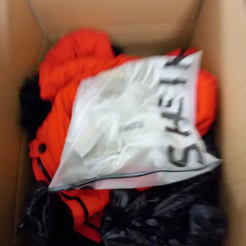 BOX OF ASSORTED CLOTHING ITEMS TOO INCLUDE DRESSES , SHIRTS AND TROUSERS IN VARIOUS SIZES AND COLOURS