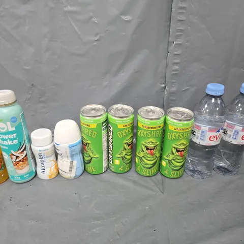 APPROXIMATELY 10 ASSORTED DRINK ITEMS TO INCLUDE - EVIAN, BOL POWER SHAKE, AND OXYSHRED & SLIME ETC.