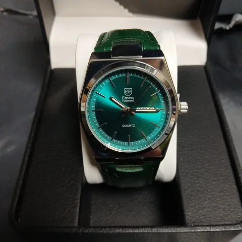 ERNEST FERDINAND QUARTZ WRISTWATCH – GREEN DIAL, GREEN LEATHER STRAP (BOXED)