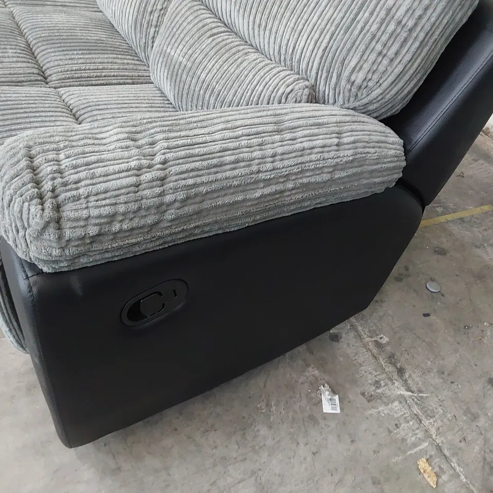 DESIGNER SIENNA MANUAL RECLINING THREE SEATER SOFA BLACK FAUX LEATHER & GREY JUMBO CHORD