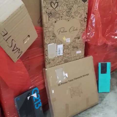PALLET OF ASSORTED HOUSEHOLD GOODS AND PRODUCTS TO INCLUDE;KEYBOARD,PICTURE FRAME,3D PRINTER TABLE
