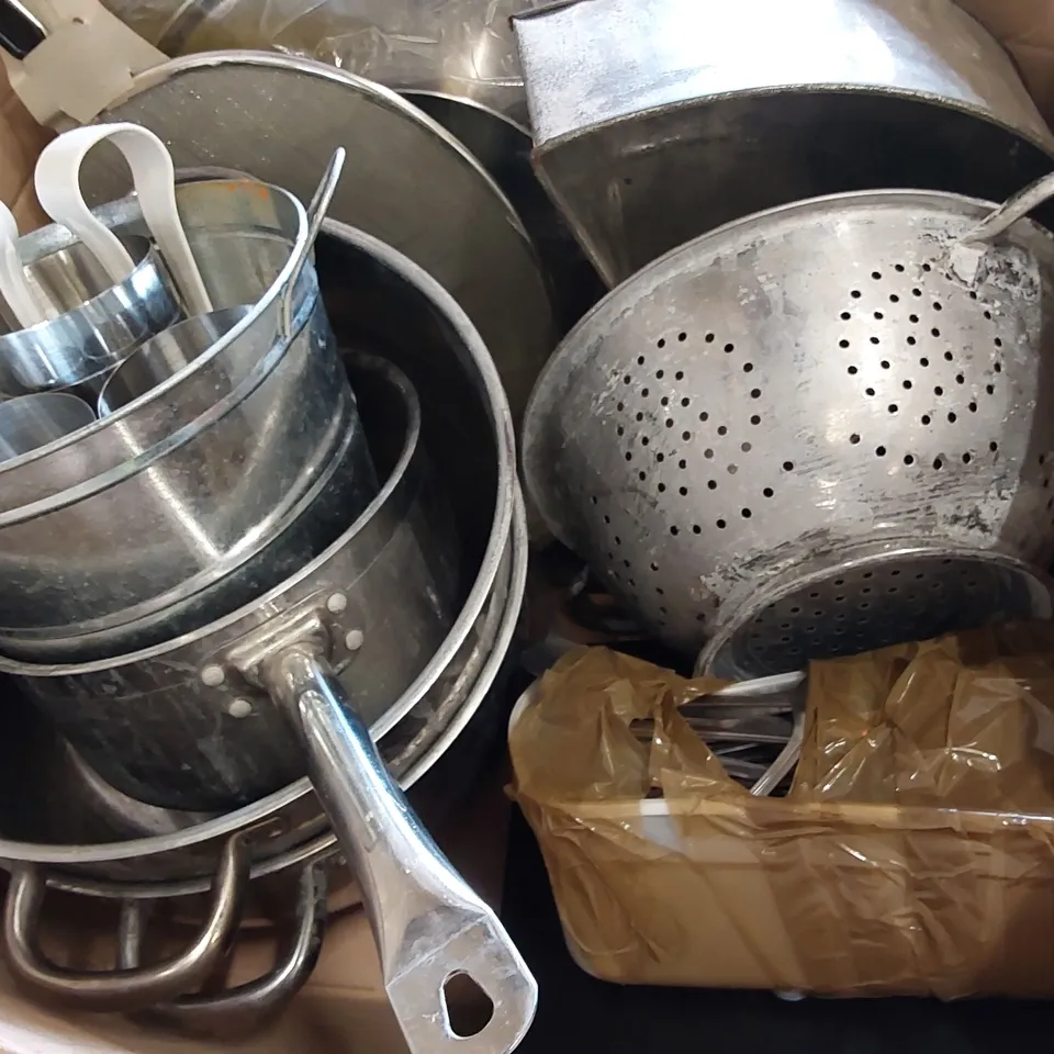 BOX OF ASSORTED CATERING SUPPLIES INCLUDING; POTS, PANS, CUTLERY ECT.