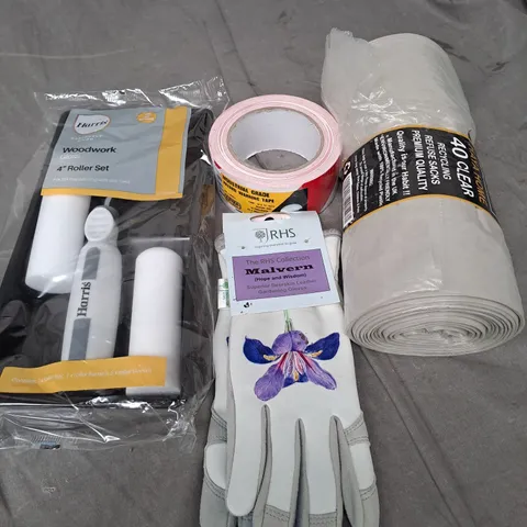 APPROXIMATELY 20 ASSORTED HOUSEHOLD PRODUCTS TO INCLUDE CLEAR BIN BAGS, PAINT BRUSH SET AND INDUSTRIAL HAZARD WARNING TAPE