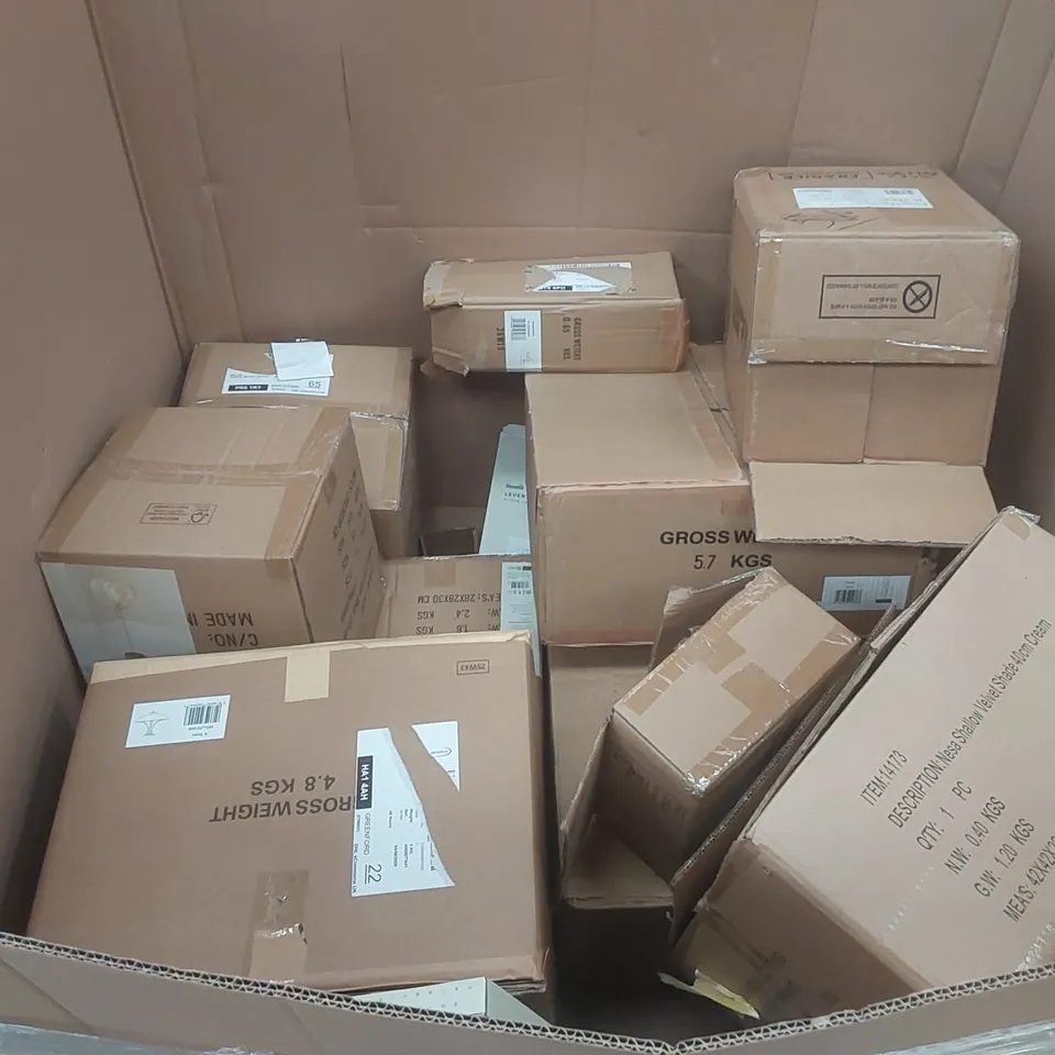 PALLET CONTAINING A VERY LARGE QUANTITY OF ASSORTED DESIGNER LIGHTING PRODUCTS INCLUDING: NESA TOUCH TABLE LAMP, GRACIE FLOOR LAMP, HAZELLE FLOOR LAMP, ALEXIS CEILING PENDANT, DISCO BALL LED NEON MIRR