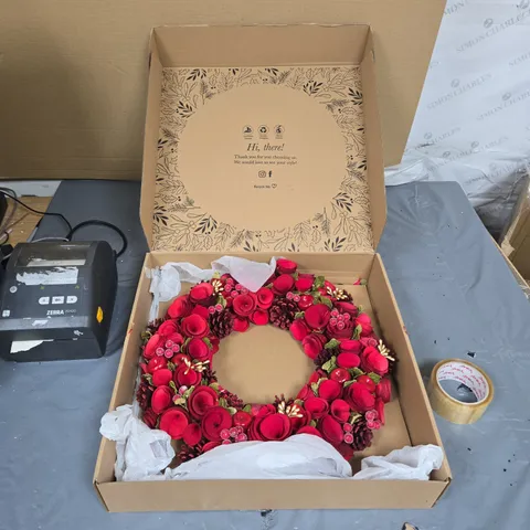 HANDMADE RED FLORAL WREATH – HOME DECOR, IN PRESENTATION BOX