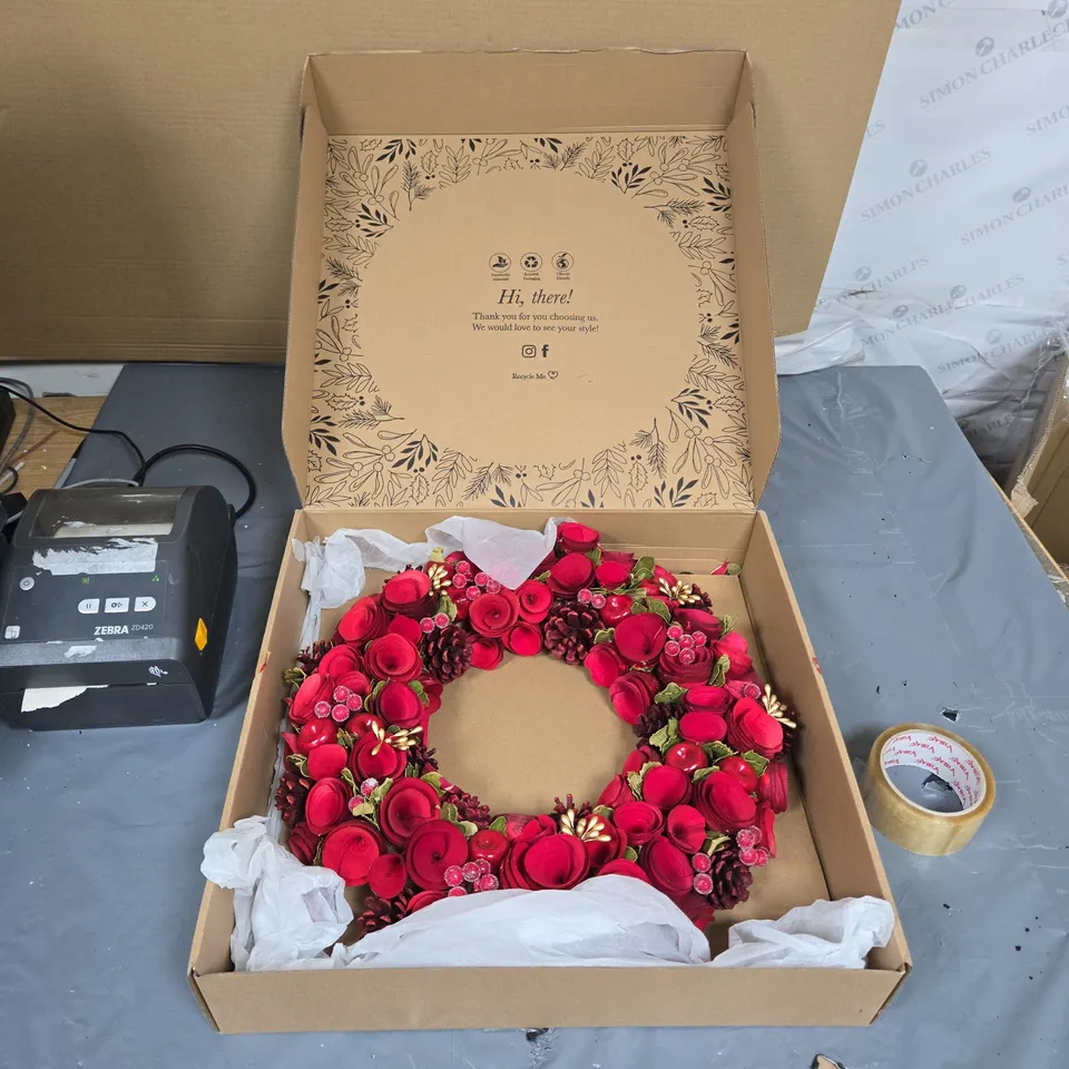 HANDMADE RED FLORAL WREATH – HOME DECOR, IN PRESENTATION BOX