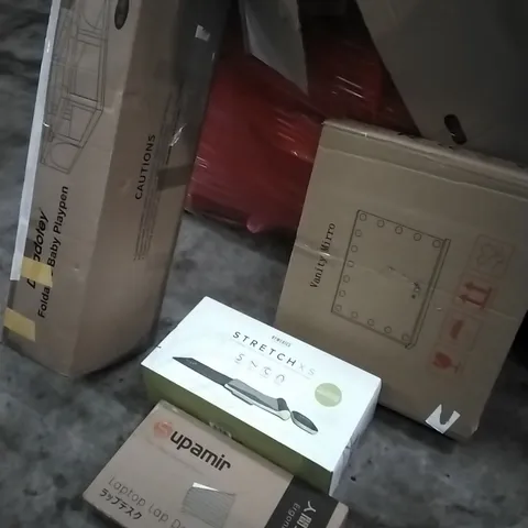 PALLET OF HOUSEHOLD ITEMS TO INCLUDE FOLDABLE BABY PLAYPEN, MIRROR, LAPTOP LAP DESK,STRETCHXS AND OTHER ASSORTED ITEMS...