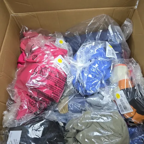 LARGE BOX OF APPROX 15 ASSORTED CLOTHING ITEMS IN VARIOUS COLORS , STYLES AND SIZES