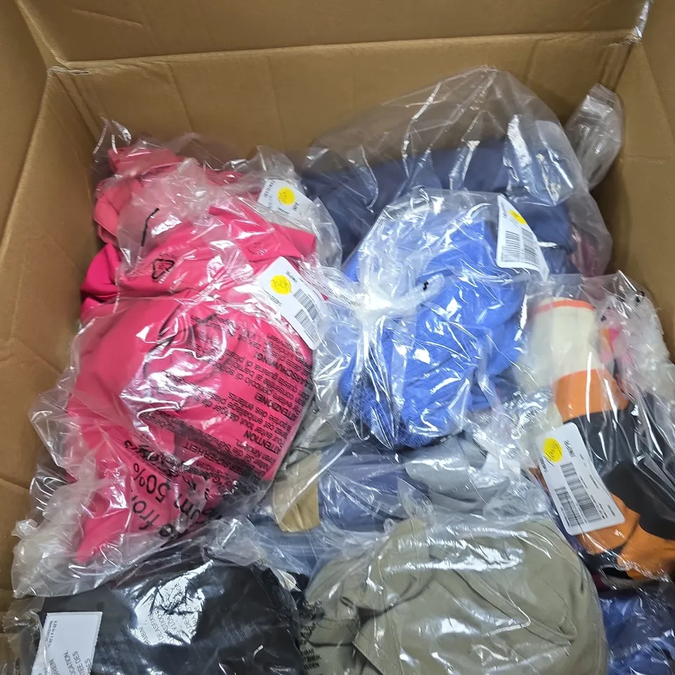 LARGE BOX OF APPROX 15 ASSORTED CLOTHING ITEMS IN VARIOUS COLORS , STYLES AND SIZES
