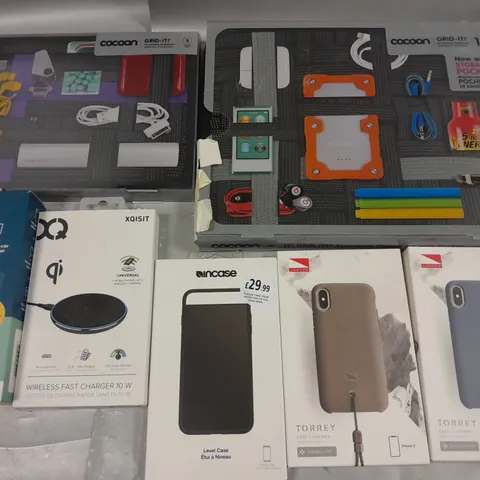 LARGE QUANTITY OF ASSORTED TECH ACCESSORIES TO INCLUDE COCOON GRID-IT ORGANIZERS, ESSENTIAL BUNDLE PACKS, XQISIT FAST CHARGERS AND INCASE PHONE CASES